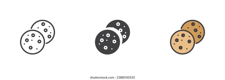 Biscuits cookie different style icon set. Line, glyph and filled outline colorful version, outline and filled vector sign. Symbol, logo illustration. Vector graphics