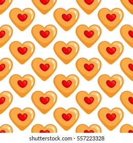 Biscuits or cookies hearts seamless pattern. Heart shaped shortbread vector background.
