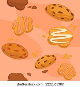 Biscuits and cookies, pastry and confectionery. Sweets and desserts, tasty meal with chocolate chips and raisings, cream. Seamless pattern, background or wallpaper print. Vector in flat style