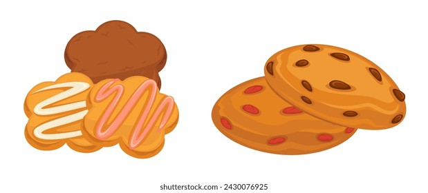 Biscuits and cookies, pastry and confectionery. Sweets and desserts, tasty meal with chocolate chips and raisings, cream. Isolated biscuits for lunch or dinner, shop product. Vector in flat style