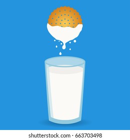 Biscuits cracker, cookies dipped in glass with milk. Vector illustration.