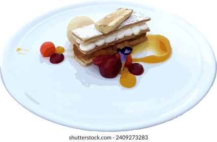 Biscuits y postre crema en placa de cerámica blanca