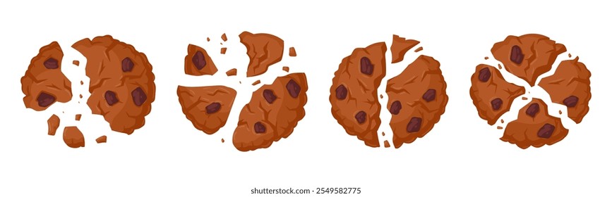 Migajas de galletas. Trozos de galletas de avena, galletas de chocolate mordidas y rotas conjunto de Ilustración vectorial plana. Galletas rotas crujientes de la historieta en blanco