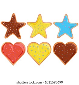 Biscuits in the form of stars and hearts with multi-colored glaze on a white background