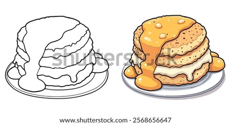 Biscuits and Gravy Black and White Line Art Vector Illustration. Food and Snacks Coloring Pages for Adults and Kids. 