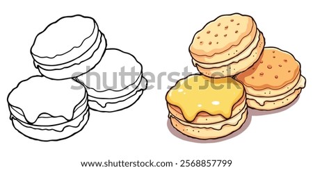 Biscuits and Gravy Black and White Line Art Vector Illustration with Coloring Sample. Food and Snacks Coloring Pages for Adults and Kids.
