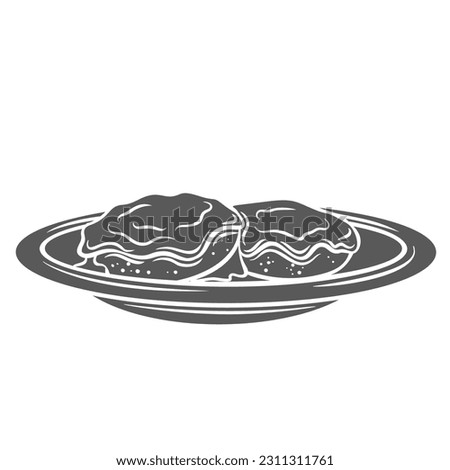 Biscuits and gravy glyph icon vector illustration. Stamp of plate with soft dough biscuit and sauce of sausages for breakfast, hot morning dish for restaurant and home in traditional American food