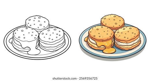 Biscuits and Gravy Line Art Vector Illustration Black and White with Coloring Sample. Bold and Easy Food and Snacks Coloring Pages for Adults and Kids.