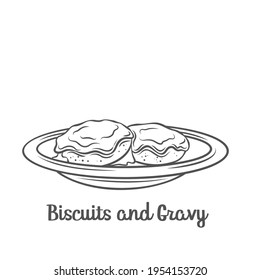 Biscuits and gravy outline vector icon. Drawn American biscuits covered with thick white sausage gravy.