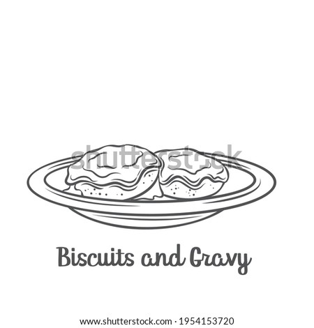 Biscuits and gravy outline vector icon. Drawn American biscuits covered with thick white sausage gravy.