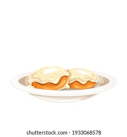 Biscuits and gravy vector icon. American biscuits covered with thick white sausage gravy.