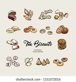 Biscuits isolated hand drawn vector set, line illustration old style. Vector tea biscuits, cookies for cooking logo, packaging design, cafe menu, banner, flayer, coffee shop in retro hand drawn style.