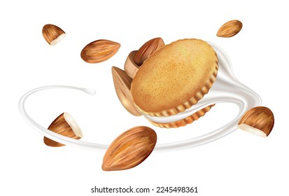 Biscuits of milky cream with almonds are splashing in the middle on white background. Realistic vector in 3D illustration.