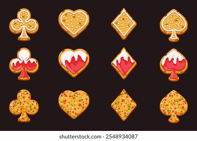 Galletas con símbolos de cartas de juego, Conjunto de símbolos de cartas de juego como galletas para su juego y máquinas tragamonedas: clubes, diamantes, corazones y picas