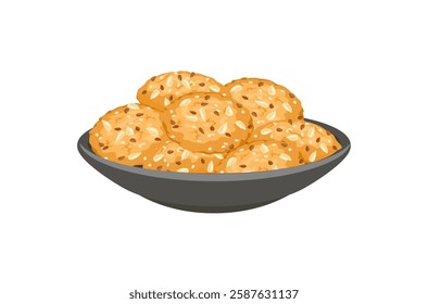 Biscuits with seeds on plate. Vector cartoon flat illustration of sweet healthy cookies. 