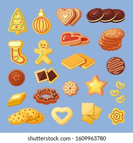 Biscuits, snacks, bakery products flat vector illustrations set