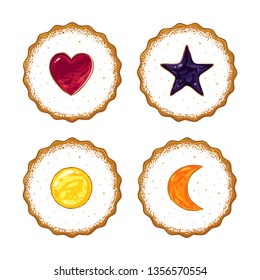 Biscuits topped with various flavored jam and icing sugar, hand drawn vector illustration