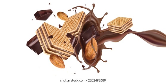 Biscuits wafer of chocolate are splashing in the middle on white background. Realistic vector in 3D illustration.