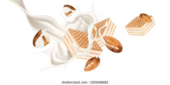 Biscuits wafer of milky cream with almonds are splashing in the middle on white background. Realistic vector in 3D illustration.