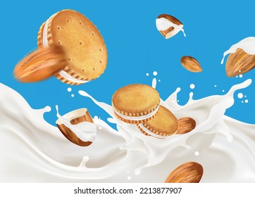 Biscuits wafer of milky cream with almonds are splashing in the middle on white background. Realistic vector in 3D illustration.