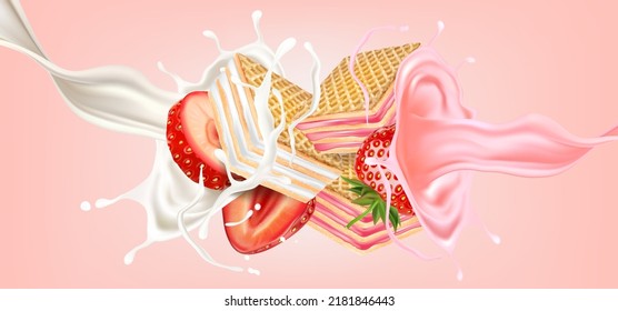 Biscuits wafer Strawberry, Milky cream and liquid splashing in the middle on solid color background. Realistic vector in 3D illustration.