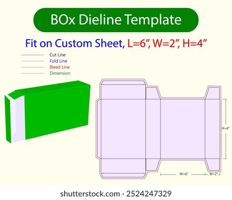 Biscute Box L 6, W 2, H 8 inch dieline Template. Design Editable Vectoe File