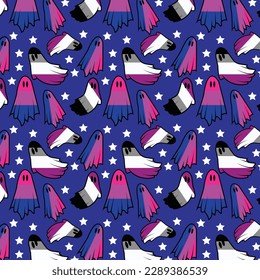 Bisexual And Asexual Ghosts Pride Seamless Pattern, Isolated On Violet Background, Vector Printing For Fabrics, Wallpaper, LGBT Rights