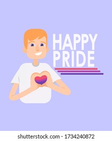 El niño bisexual hace el corazón con las manos en la bandera bisexual del corazón. Ilustración de orgullo feliz vector plano, pancarta, afiche, tarjeta