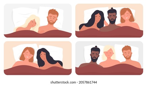 Bisexual Couple People Sleep In Bed And Hug Vector Illustration Set. Cartoon Man Woman Characters Sleeping At Night, Partners Lying On Pillow Under Blanket Together, Bedroom Top View Background