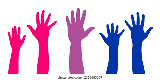 Bisexual flag colors painted hands raised. Gay pride symbol