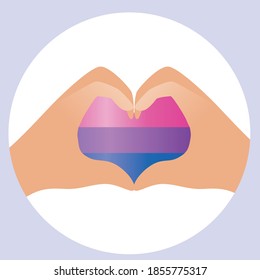 Bisexual flag, isolated round icon. Flat vector illustration. Hands with heart, bisexual flag. The concept of bisexuality. Heart hands illustration as emblem, logo, icon for LGBTQ