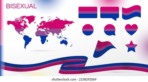 Bisexual flag. LGBT Pride Month in June. World Map. Lesbian Gay Bisexual Transgender. Celebrated annual. Rainbow love concept. Human rights and tolerance. Brush strokes painted blot. Sexual identity
