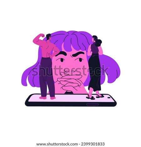 Bisexual girl looking at tiny people in smartphone. Woman thinking, make choice of partner in online dating app. Choosing gender identity, sexual orientation flat isolated vector illustration on white