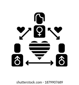 Bisexual Life Black Glyph Icon. Loving Social Rights. Pride Parade. Gay Relationships. Polyamorous Lifestyle. Love Triangle Symbol. Silhouette Symbol On White Space. Vector Isolated Illustration