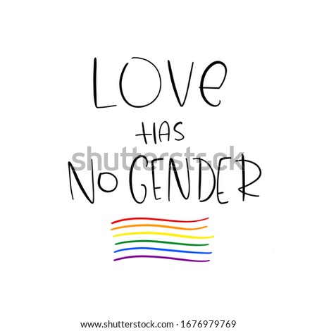 Bisexual, pansexual, queer relationship quote vector design with Love has no gender lettering and abstract LGBT flag doodle clipart to make wall art or card.