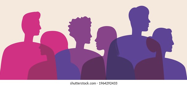 Bisexual people in the color of the bisexual flag. Silhouette vector stock illustration. Bisexuals as a community of LGBTQ, bisexualism. People's faces in profile. Isolated illustration