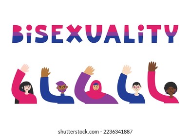 Bisexual people of different ethnicity hands up. Bisexuality awareness and visibility. LGBTQA pride queer person with flag. Bi week and day.