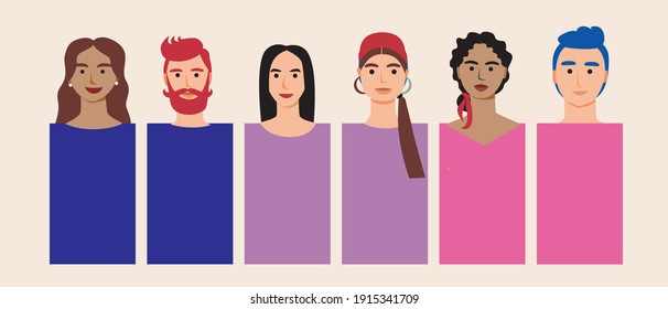 Gente bisexual aislada, cabeza y cara. Ilustración de material vectorial plano. El concepto de bisexualidad, orientación sexual, lgbtq. Caras de la gente. Ilusión con hombres adultos bisexuales, mujeres