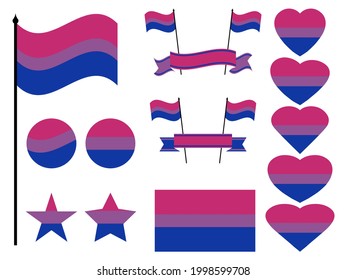 Bisexual pride flag collection of symbols. Hearts, stars and circles with bisexual flag. Sexual minorities. Design for banner and poster. Vector illustration