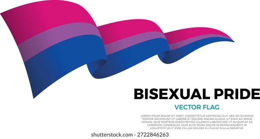 Bisexual pride flag, representing bisexuality, part of the LGBTQ community. Set against a clean white background with community name and copy space. A shining vector flag rendered in three layers that create a dynamic waving effect with realistic shadows and gradients. The elegant curves and realistic shading create a sense of motion, making it ideal for official themes, international projects, travel materials and cultural presentations