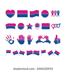 Bandera del Orgullo Bisexual y símbolos de muchos iconos de Vector. Elemento de Diseño gráfico de la bandera del orgullo bisexual aislado en un fondo blanco. Iconos bisexuales en estilo plano