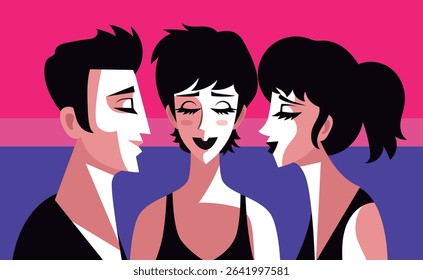 bisexual pride flag and two women and man