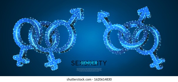 Bisexual pride, gender symbol set. Low poly, wireframe digital 3d vector illustration. Men and women bisexuality concept on blue neon background. Abstract polygonal LGBT sign