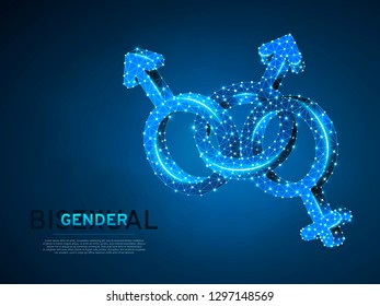 Bisexual pride, people symbol. Wireframe digital 3d illustration. Low poly, woman and two men bisexuality concept on blue background. Abstract Vector polygonal neon LGBT sign. RGB color mode