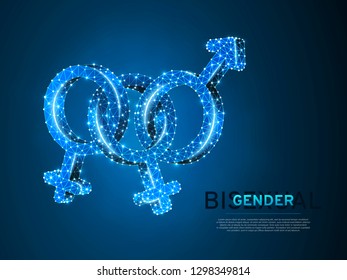 Bisexual pride, people symbol. Wireframe digital 3d illustration. Low poly, man and two women bisexuality concept on blue background. Abstract Vector polygonal neon LGBT sign. RGB color mode