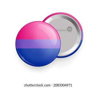 Bisexual pride round glossy metallic 3d badge mockup. Lgbt flag, official symbols of the community. Front and back side of pin button realistic vector illustration