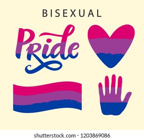 Bisexual pride symbols. LGBT rights concept. Colorful flag, equality emblem. Parades event announcement banner, placard typographic vector design.