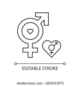 Símbolo bisexual píxel icono lineal perfecto. Problema de identificación de género. Ideas de relación gay. Ilustración personalizable de línea delgada. Símbolo de contorno. Dibujo de contorno aislado del vector. Trazo editable
