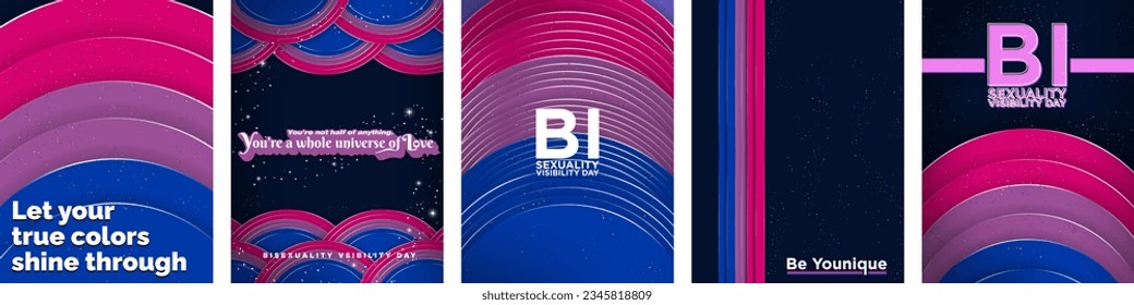  Bisexual Visibility Day Posters. 
3D Geometric Design Templates. Paper cut out theme in Bi Pride Flag Colors. Vector Illustration.