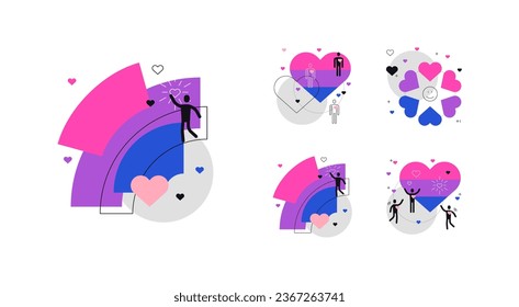 Bisexualidad. Días de orgullo y visibilidad. Conjunto de conceptos simples de arte plano y lineal. Archivo vector.